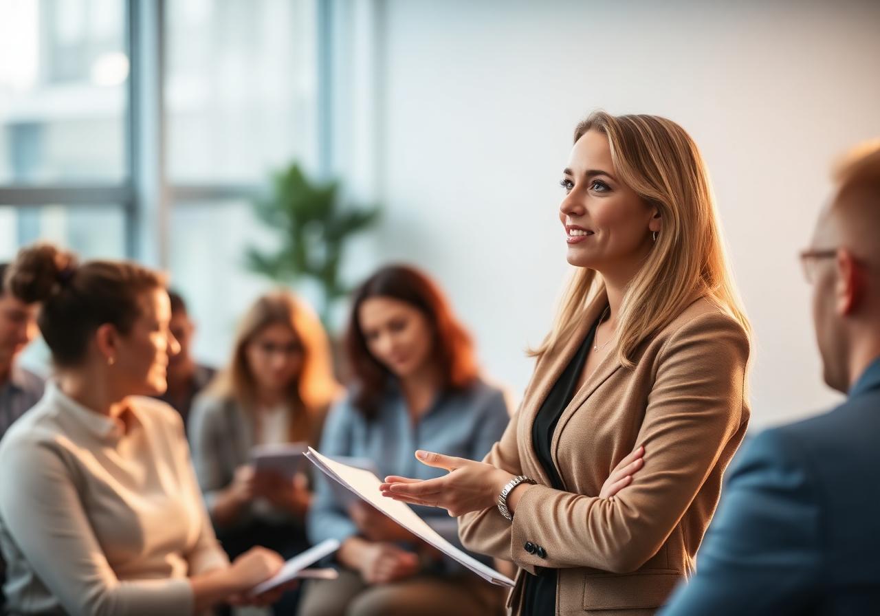 Formatrice accompagnant un groupe d'adultes